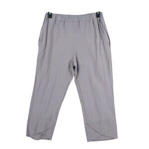 Light Gray Cotton/Linen Wide-Leg Cropped Pants Elastic Waistband & Pockets L